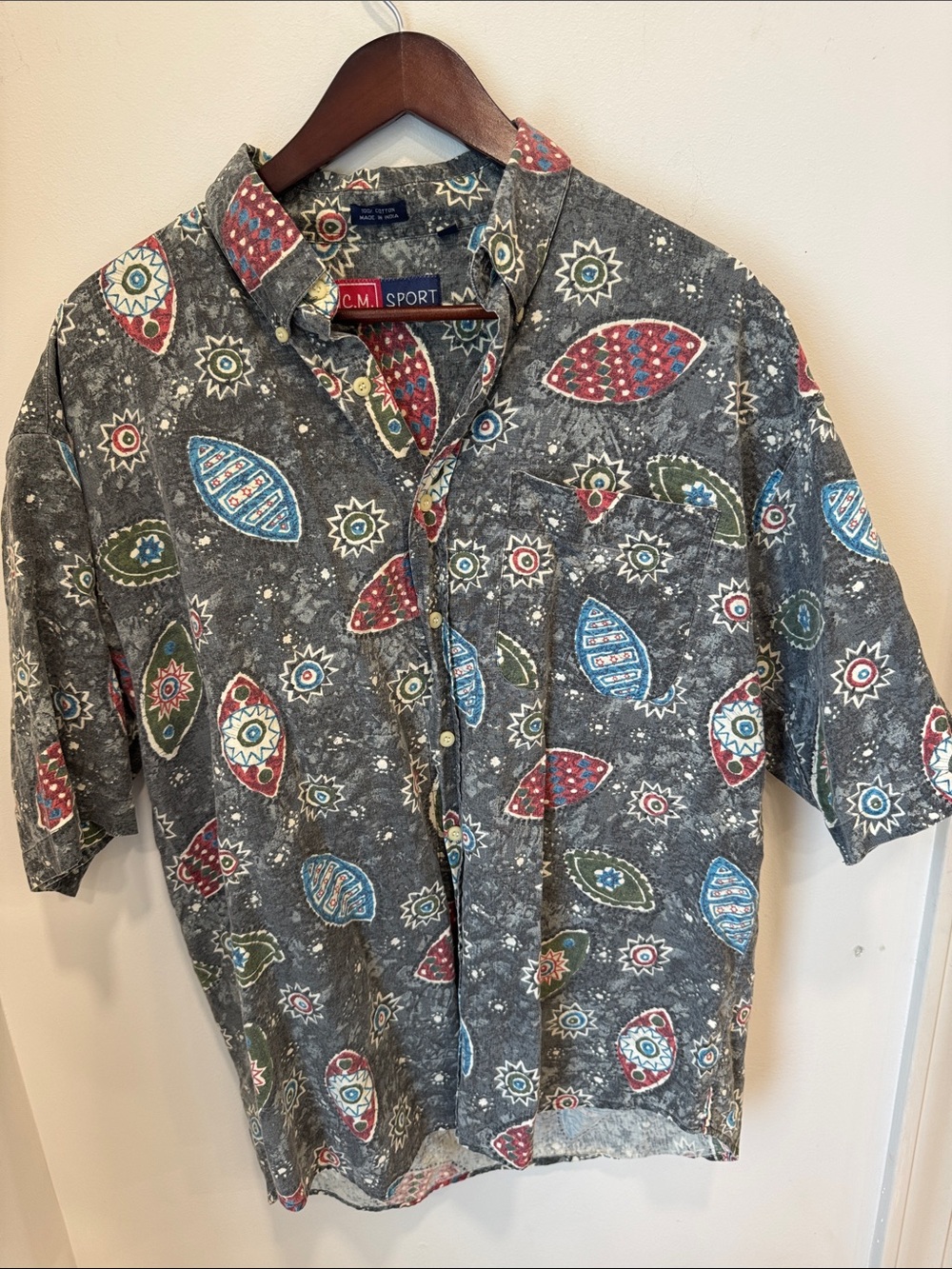 Vintage C.M. Sport Geometric Sun & Eye Print Button-Down Shirt- Large